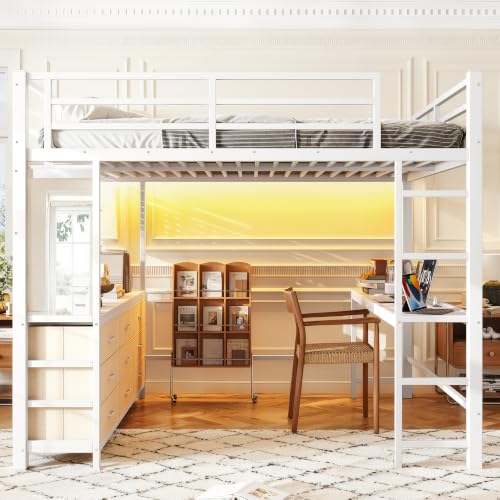 Image of Bellemave Queen Size Loft Bed Frame with Desk and Storage Drawers,White