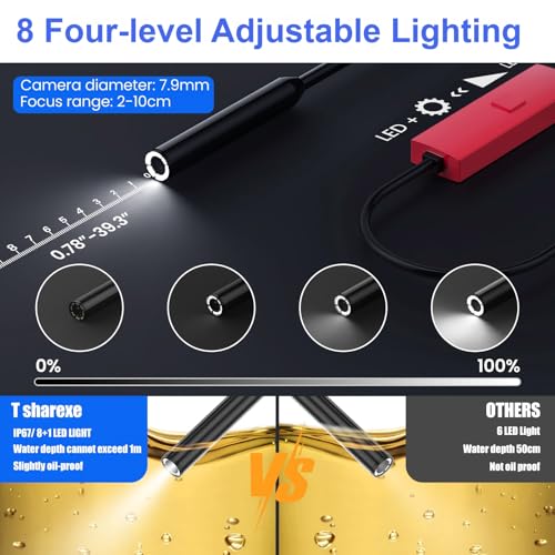 Cámara de Endoscopio con Luz, Borescopio HD 1920P con 8 LEDs Ajustables, Cámara de Inspección Semi-Rígida Impermeable IP67 de 16.4 pies para iOS/Android miniatura 4
