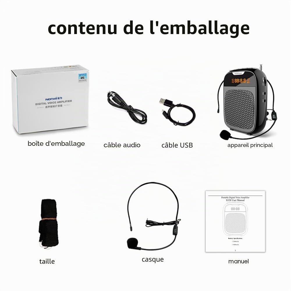 Norwii Mini amplificateur de Voix Portable Rechargeable Bluetooth 4000 mAh avec Microphone avec câble Casque et Ceinture, système PA amplificateur de Voix Personnel pour Enseignants, Guides