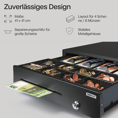 Safescan LD-4141 Light-Duty Kassenschublade mit 4 Fächern für Banknoten und 8 für Münzen - Kassenlade mit RJ-12 Anschluss (z.B. Registrierkasse) - Zuverlässige Kassenschublade von 41 x 41,5 x 11,5 cm