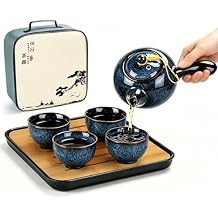 DUJUST Chinese Gongfu Tea Set, Kiln Altered Glaze Porcelain Tea Set with 1 Teapot, 4 Tea Cups & 1 Tea Tray, Portable Japanese Tea Sets with Storage Bag for Travel, Gifting, Outdoor, Dark Blue