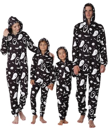 YEAXLUD Family Matching Halloween Pajamas Adult Onesie Woman Costume Kids Couples Men Pjs Women's Novelty One-piece Spooky Ghost Skulls Bones and Bats Pajamas(Youth 3-4)