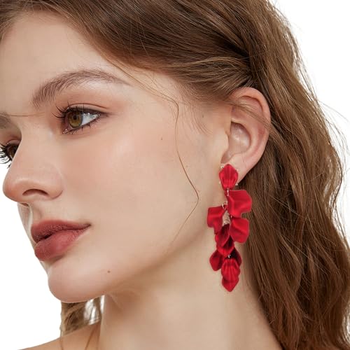 1 Pair Large Red Earrings for Women, Long Acrylic Rose Petals Earrings, Red Flower Earrings Dangle Statement Layered Floral Petal Earring for Wedding Holiday Festive Costume Gift4