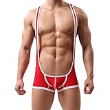 iiniim Men's Suspenders Wrestling Singlet Leotard Bodysuit Jumpsuit Swimsuit Red XL