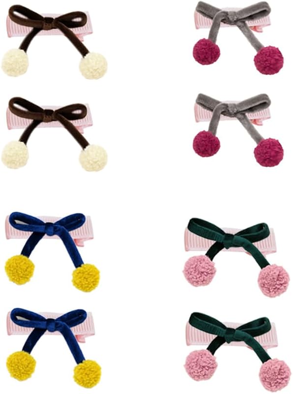 Monreaux's Bows Girls Pom Pom Bow Fabric Hair Clips, 4 Pack | Brown Gray Green Blue, Soft Alligator, For Kids Daily