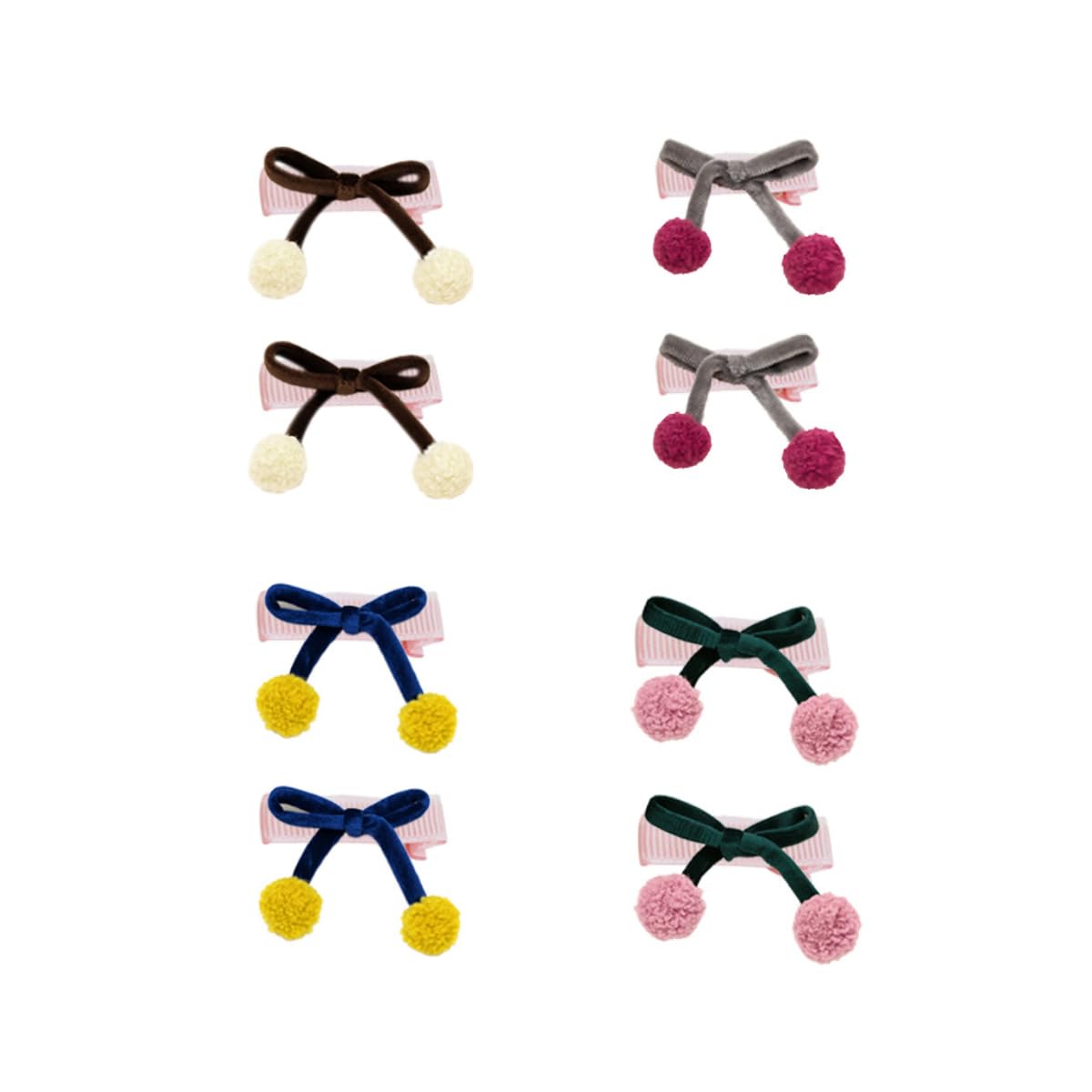 Monreaux’s Bows Girls Pom Pom Bow Fabric Hair Clips Brown Gray Green Blue Soft Alligator 4 Pack Set for Kids Daily