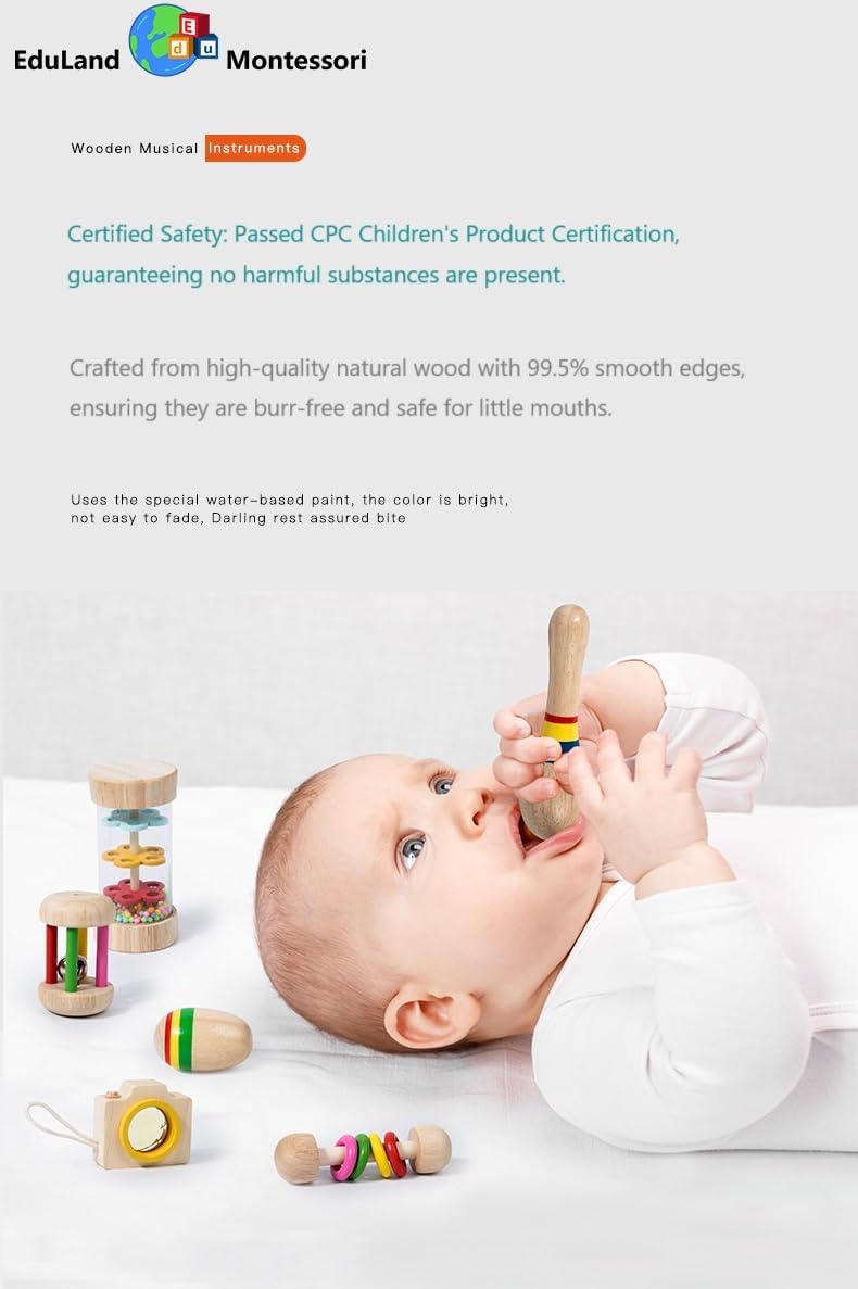 Juego de instrumentos musicales sensoriales de madera para niños pequeños, sonajero con palo de lluvia, maracas, bola de arena, campana de mano, sonajero de tambor, caleidoscopio, juguete infantil, regalo de cumpleaños para niños y niñas