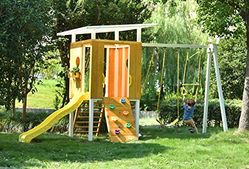 Avenlur Modern Outdoor Backyard Swing Set Children's Rock Climbing Wood Playground Playset 2 Belt Swings, Clubhouse Fort, Windows, Ladder, Wavy Slide Toddlers, Kids Climbers Play Adventure Rock 3-11Yr #TOP3