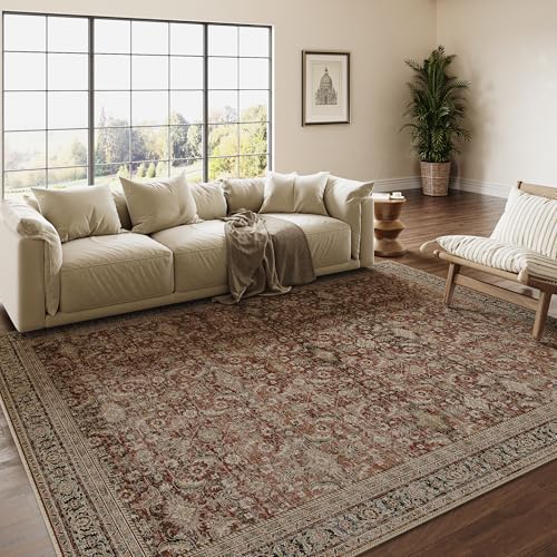 5x7 Washable Area Rug Brown Vintage Non Slip Soft Low Pile Rug for Living Room Bedroom Dining Room Office Distressed Oriental Indoor Throw Carpet for Home Decor