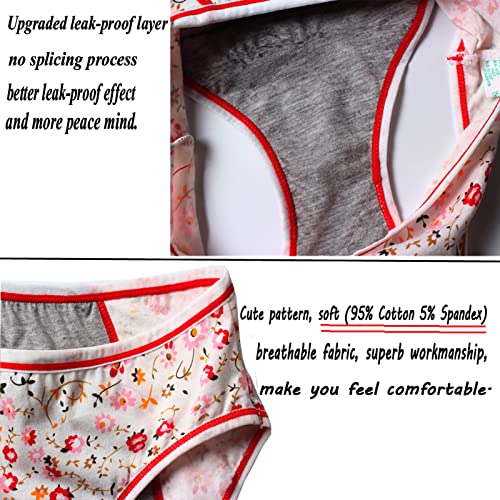 Duciotey Teen Menstrual Period Underwear Girls Hipster Leakproof Protective Underwear Period Panties Women First Period Starter Kit Briefs (X-Small, Cute Flower 6 Packs:2G/2O/2R #TOP5