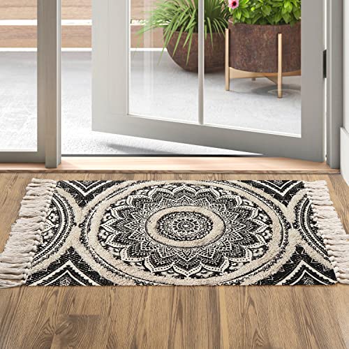Leevan Small Boho Bathroom Rug 2' X 3' Tufted Machine Washable Throw Rugs Bohemian Mandala Area Rug With Tassels Hand Woven Farmhouse Kitchen Sink Rug For Laundry Room/Bedroom,Cream And Black #TOP1