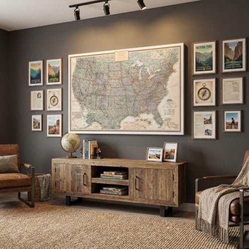 Image of Executive USA Push Pin Map - Detailed National Geographic Travel Tracker - Extra Large Modern Frameless Canvas Wall Art - Gallery Wrap - 34 inch x 51 inch