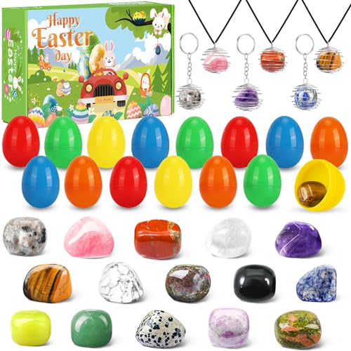 Regalos de Pascua para niños, 15 huevos de Pascua llenos de cristales, 3 llaveros de bricolaje, 3 collares de bricolaje - Juego de colección de piedras. Regalos de fiesta perfectos, diversión y