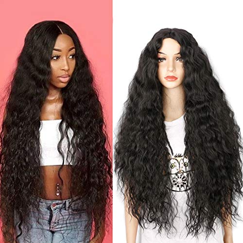 Colorful Bird Synthetic Long Curly Wig Middle Part Long Fluffy Curly Wavy Wig 34 inches Heat Resistant Synthetic Glueless Wig Natural Looking Black Curly Wig