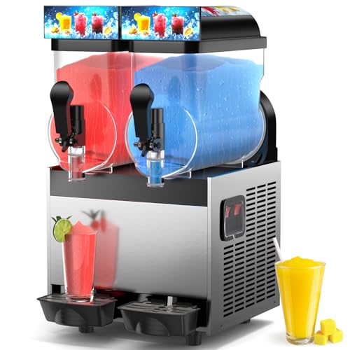 30L/8 Cal Commercial Slushy Machine with LED Light, 15L×2 Tanks Frozen Drink Maker for Margarita, Juice, Smoothie, Daiquiri, Cocktail, Stainless Steel Slushie Maker for for Home Party, Cafes, Bars