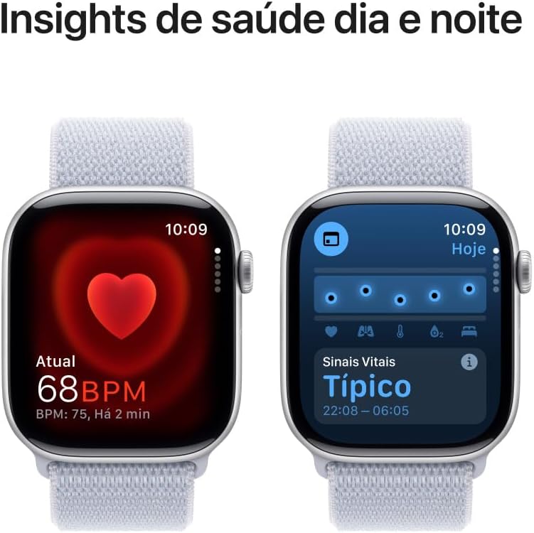 Apple Watch Series 10 GPS + Cellular • Caixa prateada de alumínio – 46 mm • Pulseira loop esportiva nuvem azul