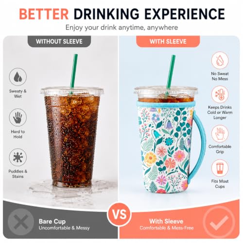 Image of KJQJLY 3 Pack Reusable Iced Coffee Sleeves for Iced Coffee Cups or Drinks Reusable Neoprene Insulated Sleeves for Hot and Cold Drinks from Starbucks, Dunkin, And More (White Flower Bush)