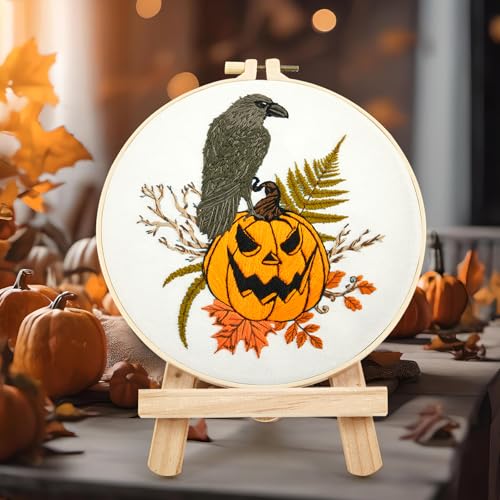 Image of Crafmanoe Halloween Embroidery Starter Kits for Beginners Adults, Fall Pumpkin Stamped Cross Stitch Kits for Beginners Adults, Crow Gothic Embroidery Needlepoint Kits, Hoops, Fabric and Video Tutorial