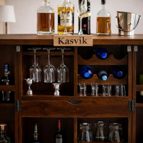 Image of Handcrafted Wooden Bar Cabinet | Traditional Indian Artisan Made Home Bar Furniture with Wine Rack & Storage Drawer | Walnut Finish