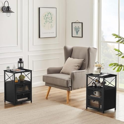 VECELO Brown End Table with USB Ports and Outlets,24 Inch Nightstands with Charging Station and Storage Shelf for Bedroom,Living Room, 1 Set by VECELO - Image 6