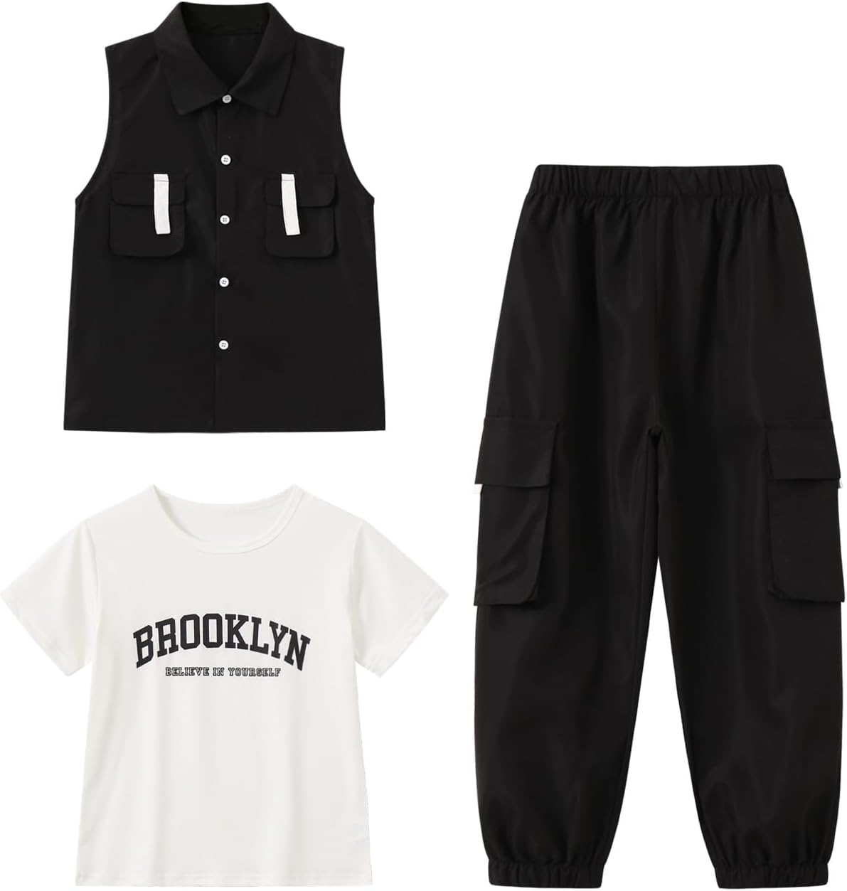Boys 3 Piece Set Short Sleeve T-Shirt Cargo Tank Top and Pants 3-14Y
