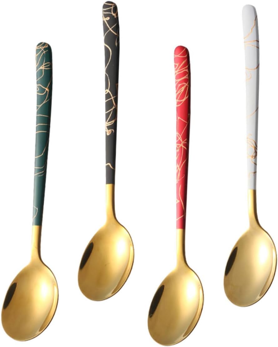 Healifty 4Pcs Stainless Steel Dessert Spoons Long Handle Coffee Stirring Spoons for Ice Cream Yogurt Beverages and Cakes with Smooth Round Bowls