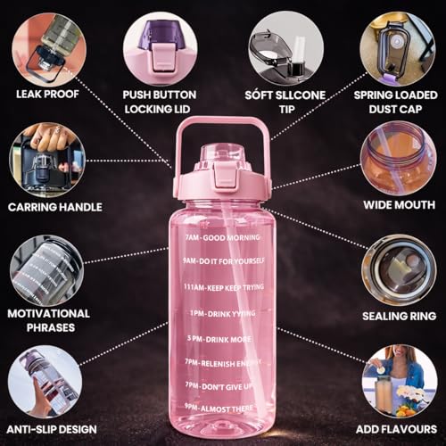 Image of Motivational Water Bottle 2 Litre with Time Marker | Leak Proof BPA Free Gym Bottle | Sports Drinking Bottle with Straw & Handle for Office, Gym, School