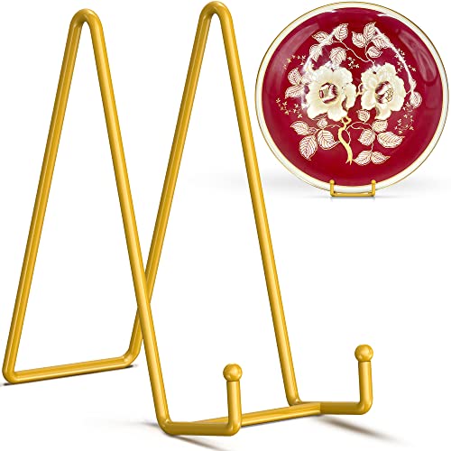 Image of TR-LIFE 10 Inch Large Plate Stands /Holder for Display - Metal Picture Frame Holder Stand + Small Easels for Decorative Plate, Platter, Book, Plaques, Photo, Tabletop Art (Gold 2 Pack)