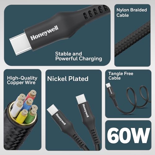 Image of Honeywell USB Type C to Type C Cable, 4 Feet (1.2M), PD 60W, QC 3.0, Fast Charging, Nylon Braided Cable for Apple Devices, Smartphones, Laptops, Power Banks, Tablets, Headphones, Speakers - Black