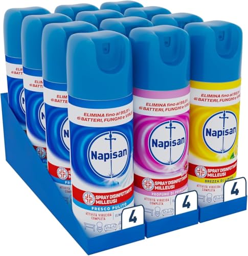 Napisan Spray Disinfettante Milleusi, Disinfettante Spray per Tessuti e Superfici, Mix di Fragranze Fresco Pulito, Profumo di Primavera e Brezza di Limone, Confezione da 12 Spray da 400ml
