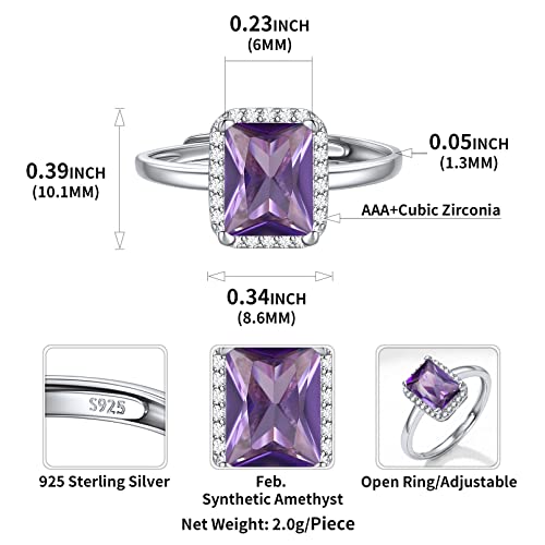Chicsilver 8Mm Emerald Cut Birthstone Promise Ring For Her, 925 Sterling Silver Simulated Purple Amethyst Gemstone Anniversary Wedding Engagement Band Rings For Women February Birthstone Jewelry #TOP4