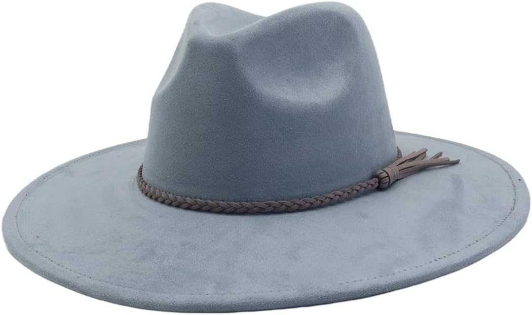 Men Women Suede Top Hat 9.5Cm Wide Brim Jazz Fedora Hat Autumn Winter Warm Felt Church Fascinator Fedoras Hats (Haze Blue)