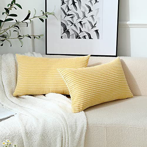 Stellhome Pack Of 2 Corduroy Soft Throw Pillow Covers Rectangle Solid Striped Cushion Covers Pillowcase For Bed Couch Sofa Bench, 12X20 Inch/30X50 Cm, Light Yellow #TOP4