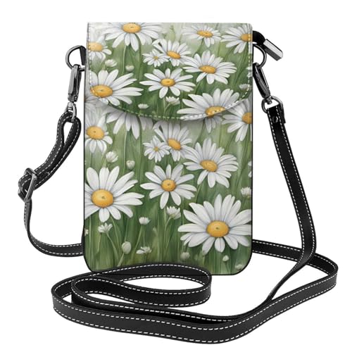 Petit sac pour téléphone portable en cuir à motif marguerite blanche et bandoulière réglable