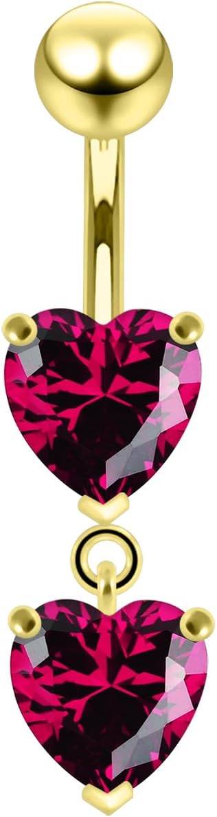Cz Gemstones Gold Plated Double 6mm Heart Gems Dangling Design 925 Sterling Silver with Stainless Steel Belly Ring - Belly Button jewelry - Navel jewelry