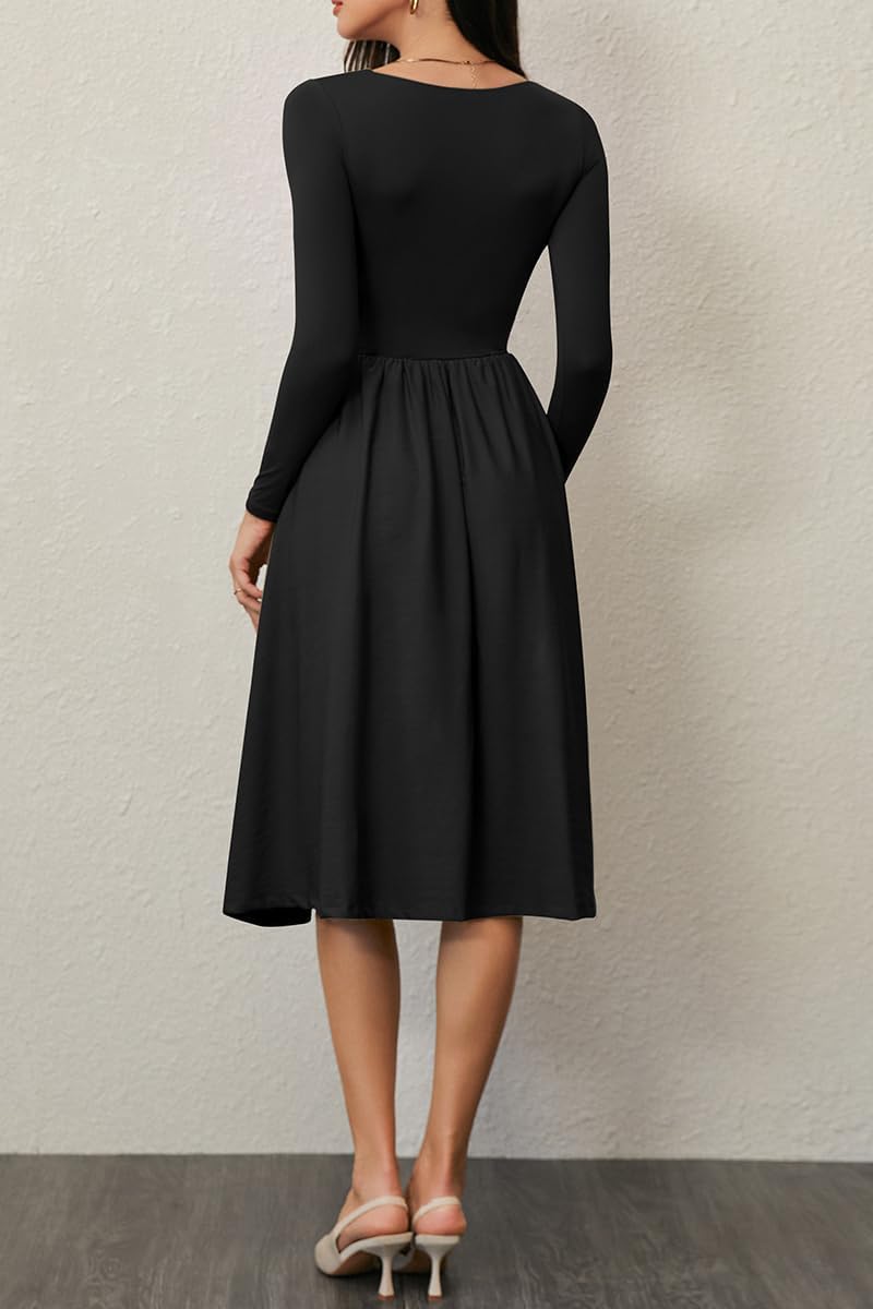 CHYRII Women Spring Fashion 2025 Square Neck Long Sleeve Casual A-Line Midi Dress - Image 7