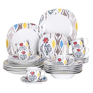 VEWEET Betula Tafelservies van porselein, 30-delig, combiservies bevat koffiekopjes 200 ml, schoteltjes, dessertborden, dinerborden en soepborden, compleet servies voor 6 personen