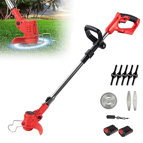 Desbrozadora eléctrica inalámbrica de 21 V, corte borde inalámbrico con batería, desbrozadora con 3 tipos de cuchillas, mango telescópico, para jardín, césped, granja (2 baterías)
