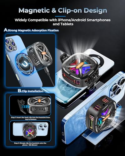 Image of Besecou Magnetic mobile Cooler for Gameing with 3 Cooling Modes, Rgb Phone Cooler, Seven fan blades, Advanced Tech Cooling Chip, Compatible for Android and Ios devices, Silent and Portable, USB Port