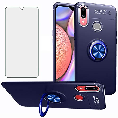 Phone Case for Samsung Galaxy A10s with Tempered Glass Screen Protector Cover and Cell Accessories Magnetic Kickstand Ring Holder Full Body Protective Shockproof Silicone Glaxay A10x A 10S Cases Blue