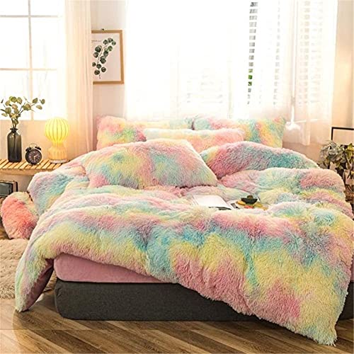 One Meter Sunshine 5 Pcs Shaggy Duvet Cover Bedding Set, 1 Fluffy Faux Fur Duvet Cover + 1 Velvet Bed Flat Sheet + 2 Furry Pillow Shams + 1 Love Shaped Throw Pillow, Zipper Closure (Rainbow, Queen) #TOP6