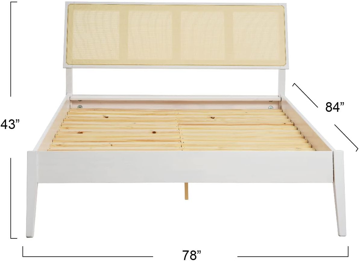 Creative Co-Op Crawford Modern Solid Wood Bed with Woven Cane Headboard, White, King