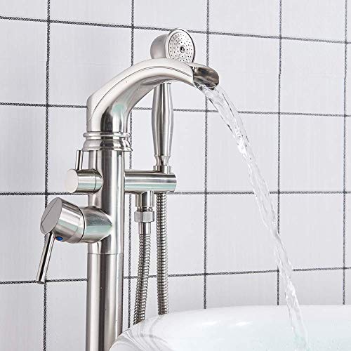 Votamuta Floor Mount Freestanding Bathtub Faucets Tub Filler Bathroom Waterfall Tub Faucets With Hand Shower Sprayer Single Handle Stainless Steel Swivel Mixer Spout #TOP4