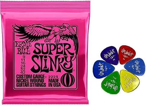 Bundle Ernie Ball Super Slinky Electric Guitar Strings Set (9-42) and Variety Pack of 6 Jim Dunlop USA Picks