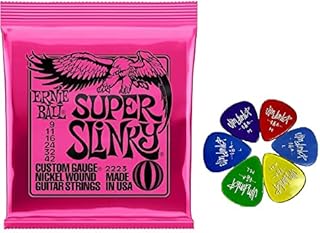 Bundle Ernie Ball Super Slinky Electric Guitar Strings Set (9-42) and Variety Pack of 6 Jim Dunlop USA Picks