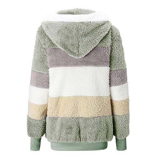 Fuzzy Fleece Jackets for Women Plus Size Hoodies Fall Winter Coats Color Block Patchwork Cardigan Coat with Pockets