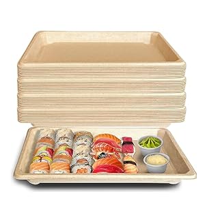 Compostable Sushi Trays X-Large – Natural Sugarcane Bagasse Take Out Sushi Container – Biodegradable, Disposable Sushi Plate, Eco Friendly, Plastic Alternative, To go, Serving Tray (500)