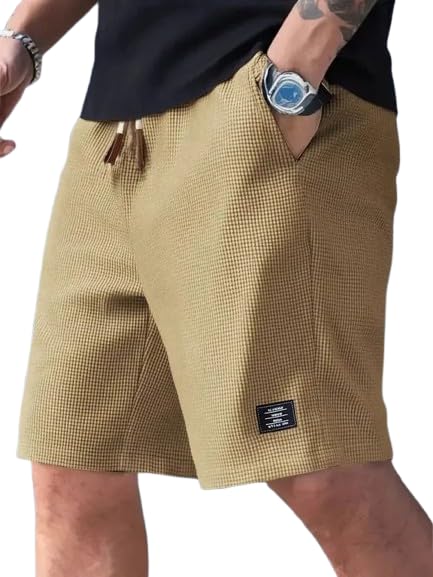 Men's Casual Textured Shorts, Khaki Cotton Blend, Summer Beach Wear, Relaxed Fit with Side Label-picture-34