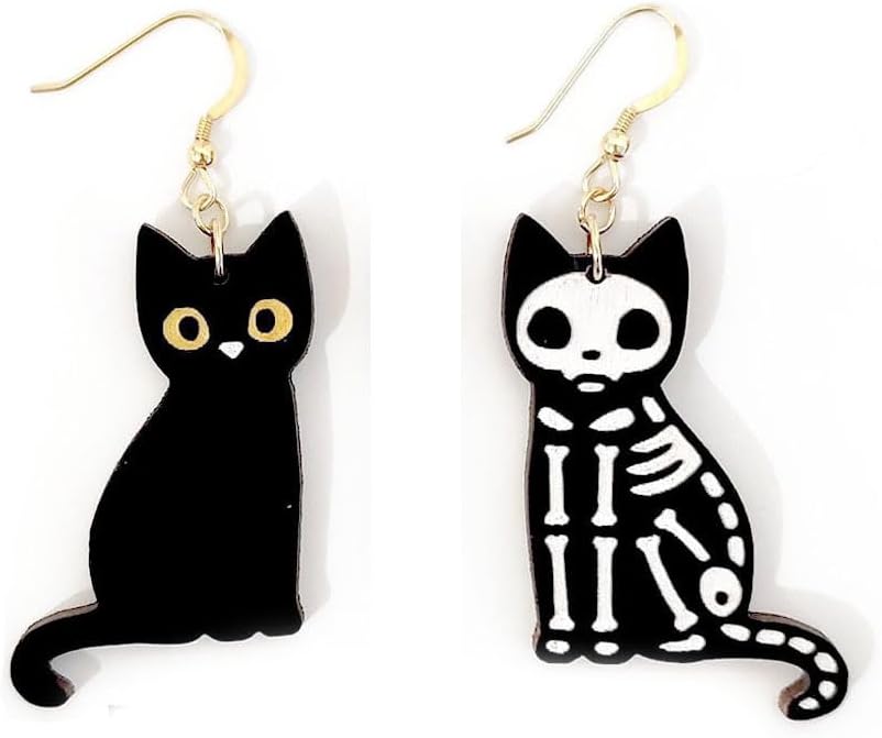 Black Cat Earrings Skull Cat Skeleton Cat Earrings Wooden Black Cat Earring for Women Halloween JEWELRY Gifts