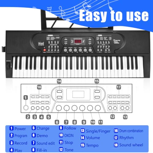 Image of 61 Key Keyboard Piano, Portable Electric Keyboard Piano for Beginners | LCD Display, Stereo Speakers, Microphone, Sheet Music Stand, Digital Music Keyboard